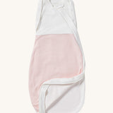 MORI baby swaddle bag. 100% organic bamboo and cotton swaddle in pink and white stripes. Features poppers by the arms and neck for easy fitting and a zip down the side and bottom for easy changing