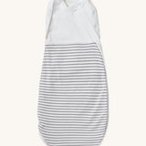 MORI baby swaddle bag. 100% organic bamboo and cotton swaddle in grey and white stripes. Features poppers by the arms and neck for easy fitting.