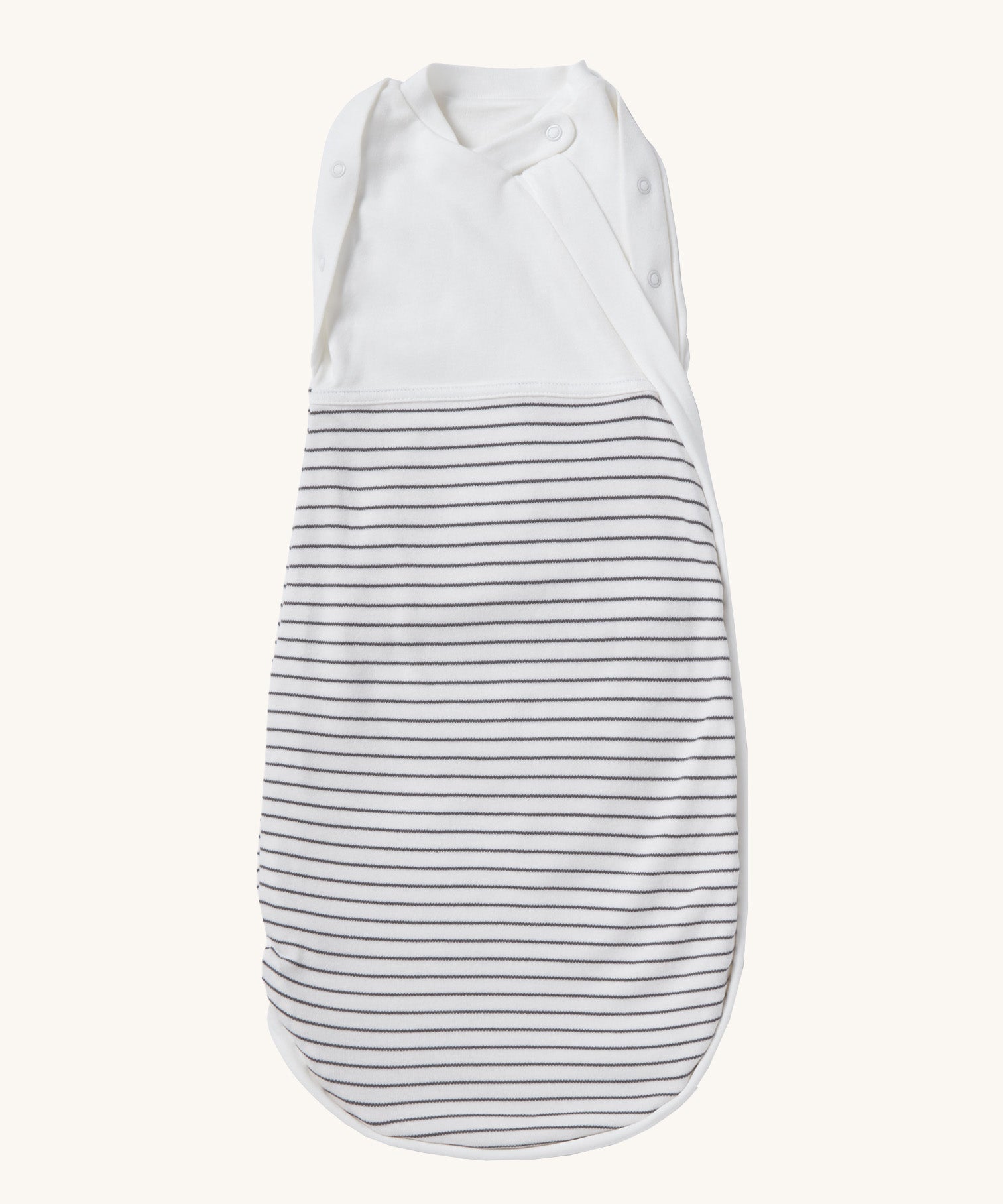 MORI baby swaddle bag. 100% organic bamboo and cotton swaddle in grey and white stripes. Features poppers by the arms and neck for easy fitting.