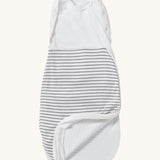 MORI baby swaddle bag. 100% organic bamboo and cotton swaddle in grey and white stripes. Features poppers by the arms and neck for easy fitting and a zip down the side and bottom for easy changing