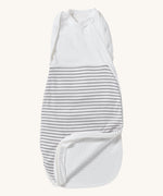 MORI baby swaddle bag. 100% organic bamboo and cotton swaddle in grey and white stripes. Features poppers by the arms and neck for easy fitting and a zip down the side and bottom for easy changing