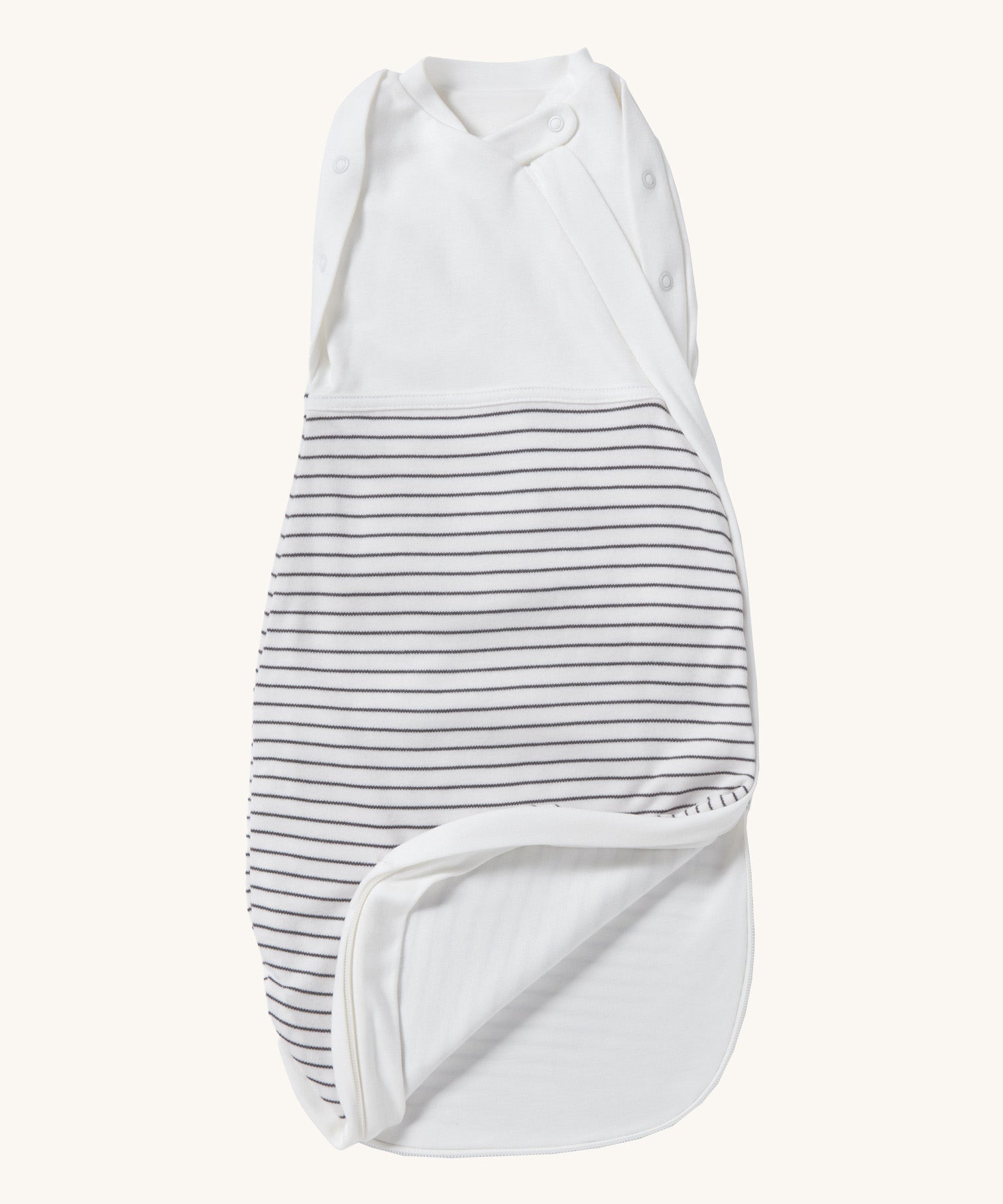 MORI baby swaddle bag. 100% organic bamboo and cotton swaddle in grey and white stripes. Features poppers by the arms and neck for easy fitting and a zip down the side and bottom for easy changing