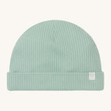 MORI hat in mint. A light green ribbed style beanie made from bamboo and organic cotton. Features an soft turn up brim
