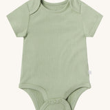 MORI short sleeve body suit in sage green. A ribbed style bodysuit made from bamboo and organic cotton. Features 3 poppers at the crotch for easy fitting