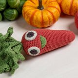 myum organic cotton soft crochet carrot laying on a white table next to an orange pumpkin and some sprouts