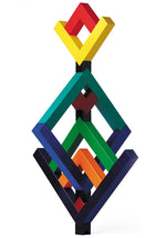 Naef's Angular construction toy arranged to make a complex geometric shape in front of a white background.