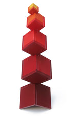 Naef's Cella cube toy twisted in a complex geometric pattern on a white background.