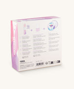 The back of the gift box showing the list of contents in the Namaki Nightingale Trio Children's beauty Gift Set. The set contains a pink coloured nail polish, a compact mirror and a raspberry lip balm. Namaki have a range of natural and organic face paint sets and makeup for kids available at Babipur.