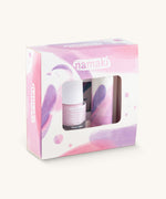 Namaki Nightingale Trio Children's beauty Gift Set. The set contains a pink coloured nail polish, a compact mirror and a raspberry lip balm. Namaki have a range of natural and organic face paint sets and makeup for kids available at Babipur.