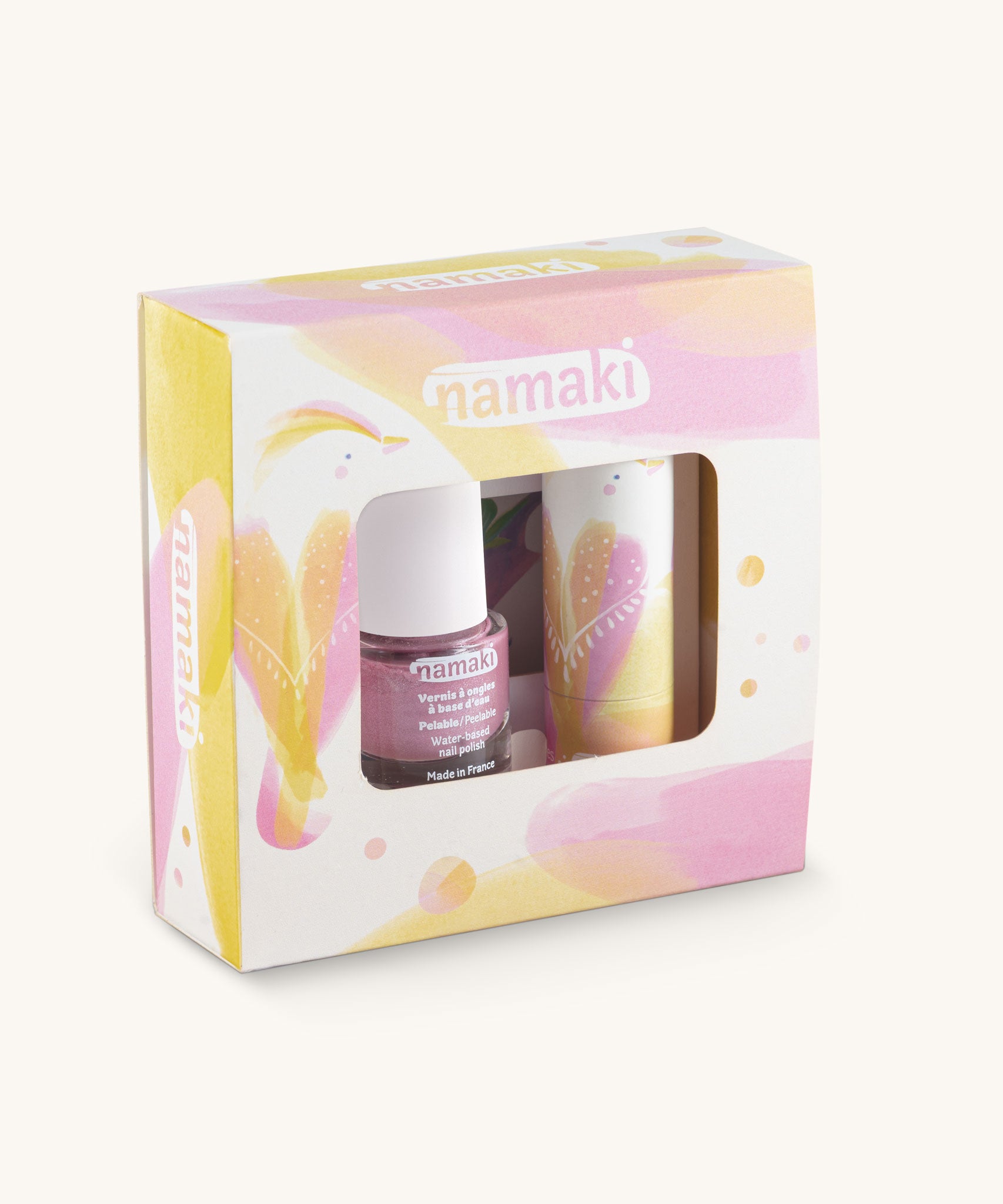 Namaki Swallow Trio Children's beauty Gift Set. The set contains a pink coloured nail polish, a compact mirror and a vanilla lip balm. Namaki have a range of natural and organic face paint sets and makeup for kids available at Babipur.