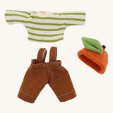 Clothing set for a Nanchen organic Waldorf doll, featuring a green and white striped long-sleeve top, brown dungarees, and an orange woollen hat shaped like a fruit with a green leaf.