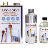 3 sizes of Natural Earth eco-friendly Eco-Solve paint thinners lined up on a white background