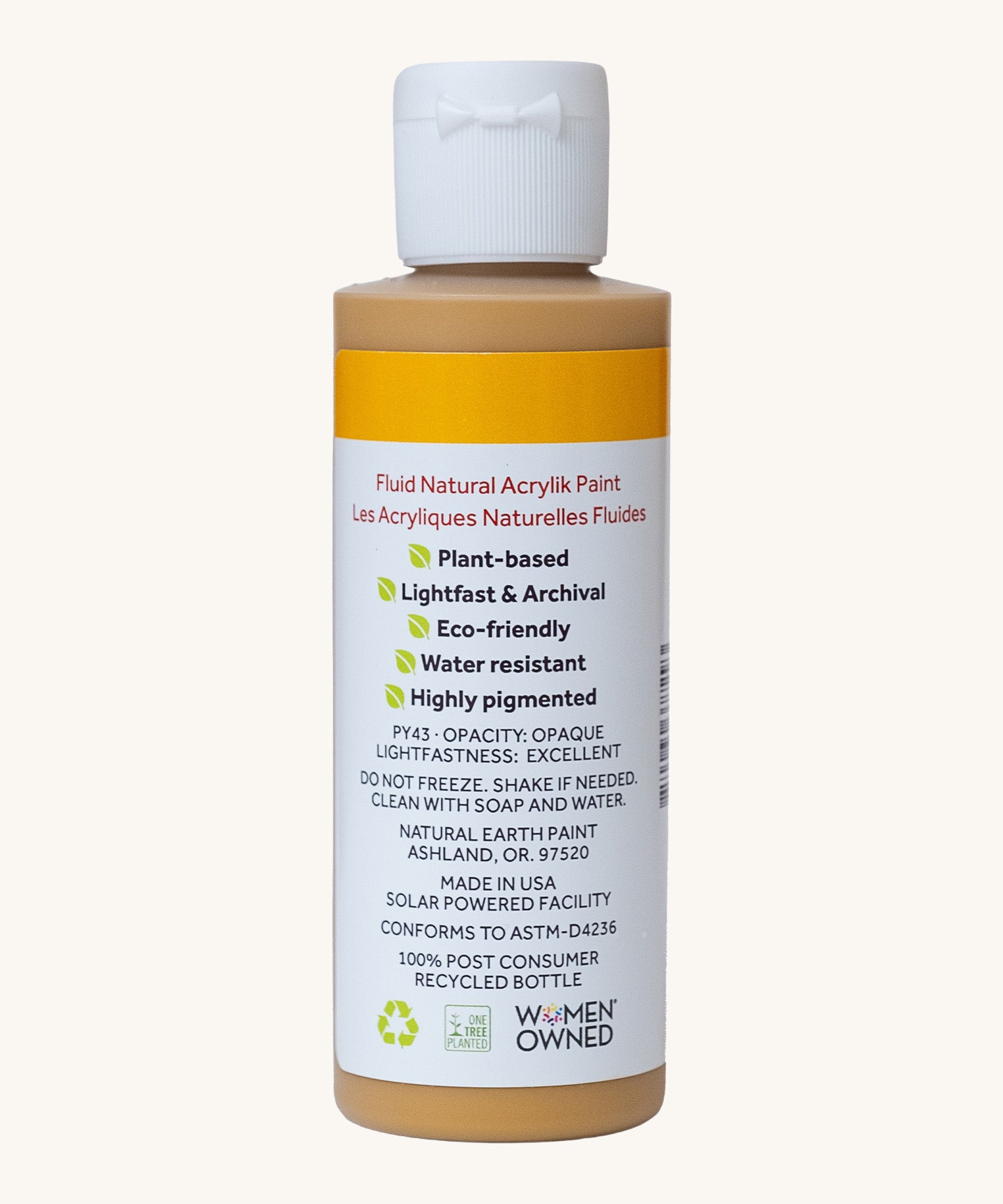 back view of the Natural Earth Paint brilliant yellow acrylic paint bottle