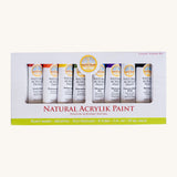 Natural Earth Paint acrylic paint classic studio set showing 8 aluminium 2oz tubes inside the paint set packaging.