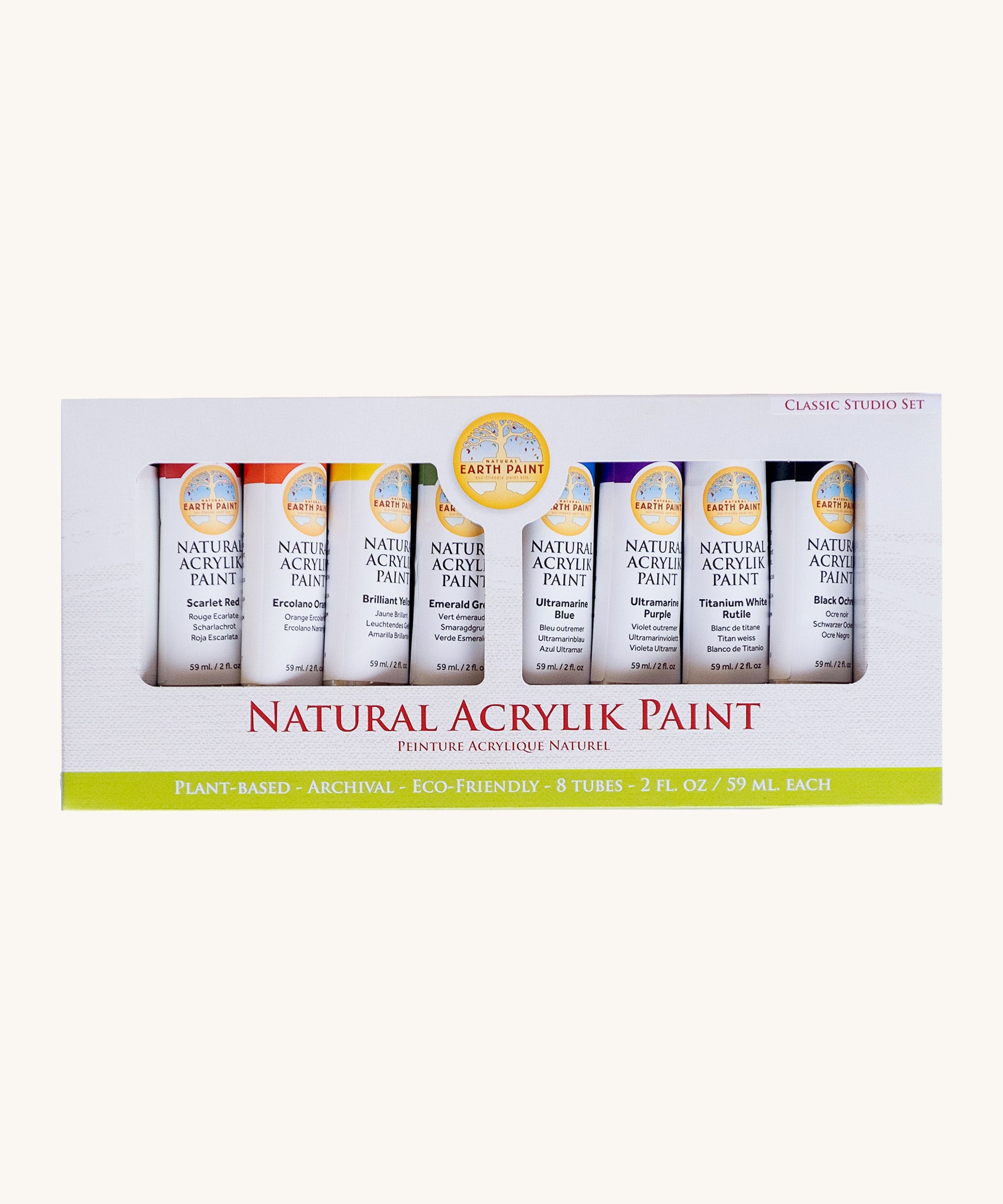Natural Earth Paint acrylic paint classic studio set showing 8 aluminium 2oz tubes inside the paint set packaging.