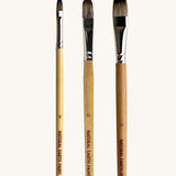 A set of 3 Natural Earth Paint brushes. Features a wooden handle and in sizes 6, 12 and 16. Brand name printed on the side of the brush