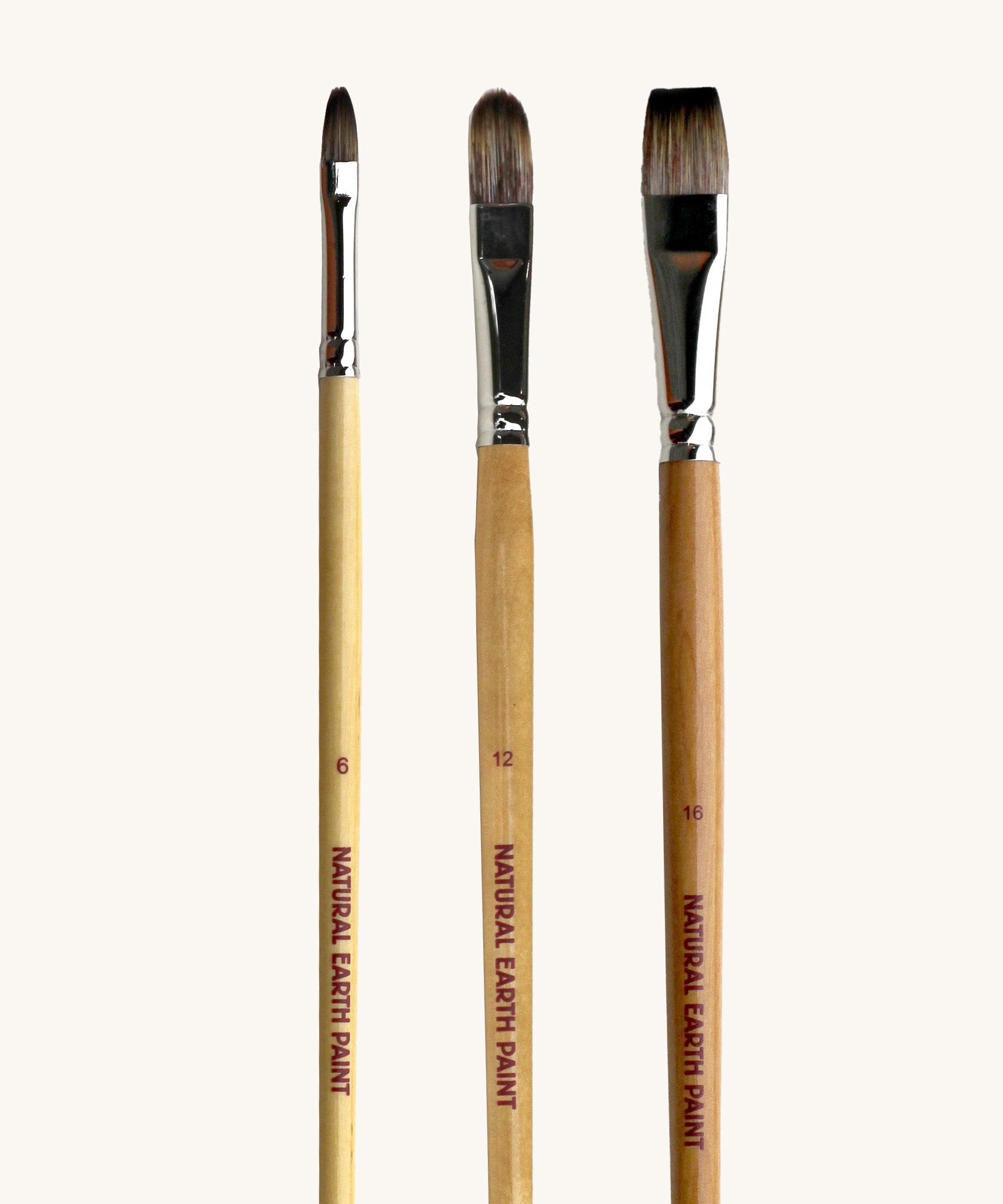 A set of 3 Natural Earth Paint brushes. Features a wooden handle and in sizes 6, 12 and 16. Brand name printed on the side of the brush