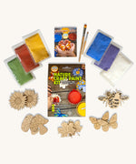 Natural Earth Paint Nature Craft Paint Kit. The contents of the kit are shown around the box and contains wooden shapes, brushes and paint powders.