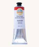 Natural Earth Paint scarlet red acrylic paint in a 120ml aluminium tube. Features a black screw cap