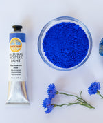 A top down view of the Natural earth paint in ultramarine blue next to the blue pigment powder in a glass bowl next to blue flowers