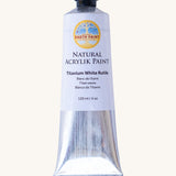 Natural Earth Paint titanium white acrylic paint in a 120ml aluminium tube. Features a black screw cap