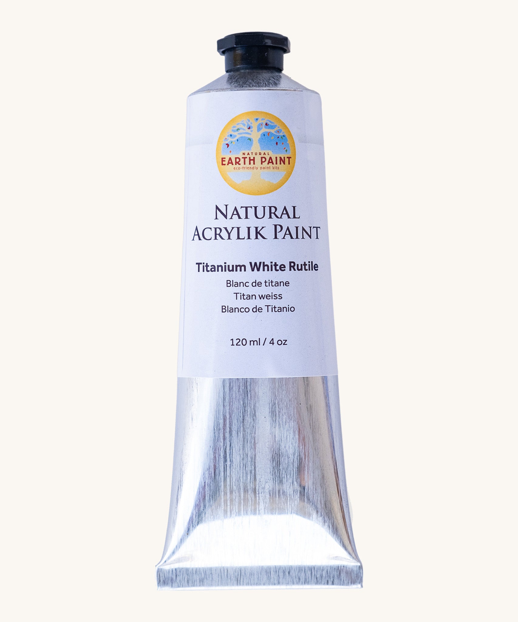 Natural Earth Paint titanium white acrylic paint in a 120ml aluminium tube. Features a black screw cap