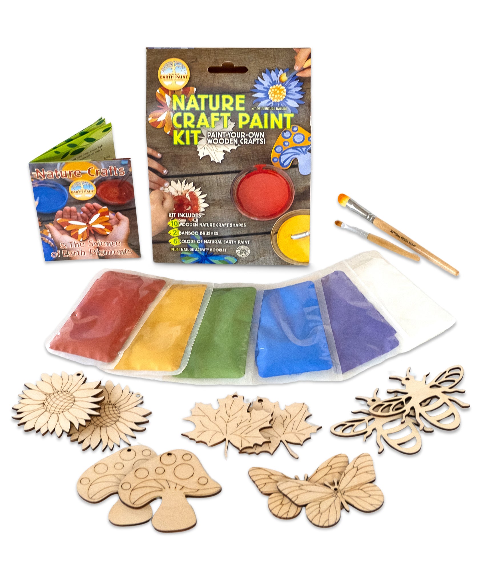 Natural Earth Paint Nature Craft Paint Kit. The contents of the kit are shown around the box and contains wooden shapes, brushes and paint powders.