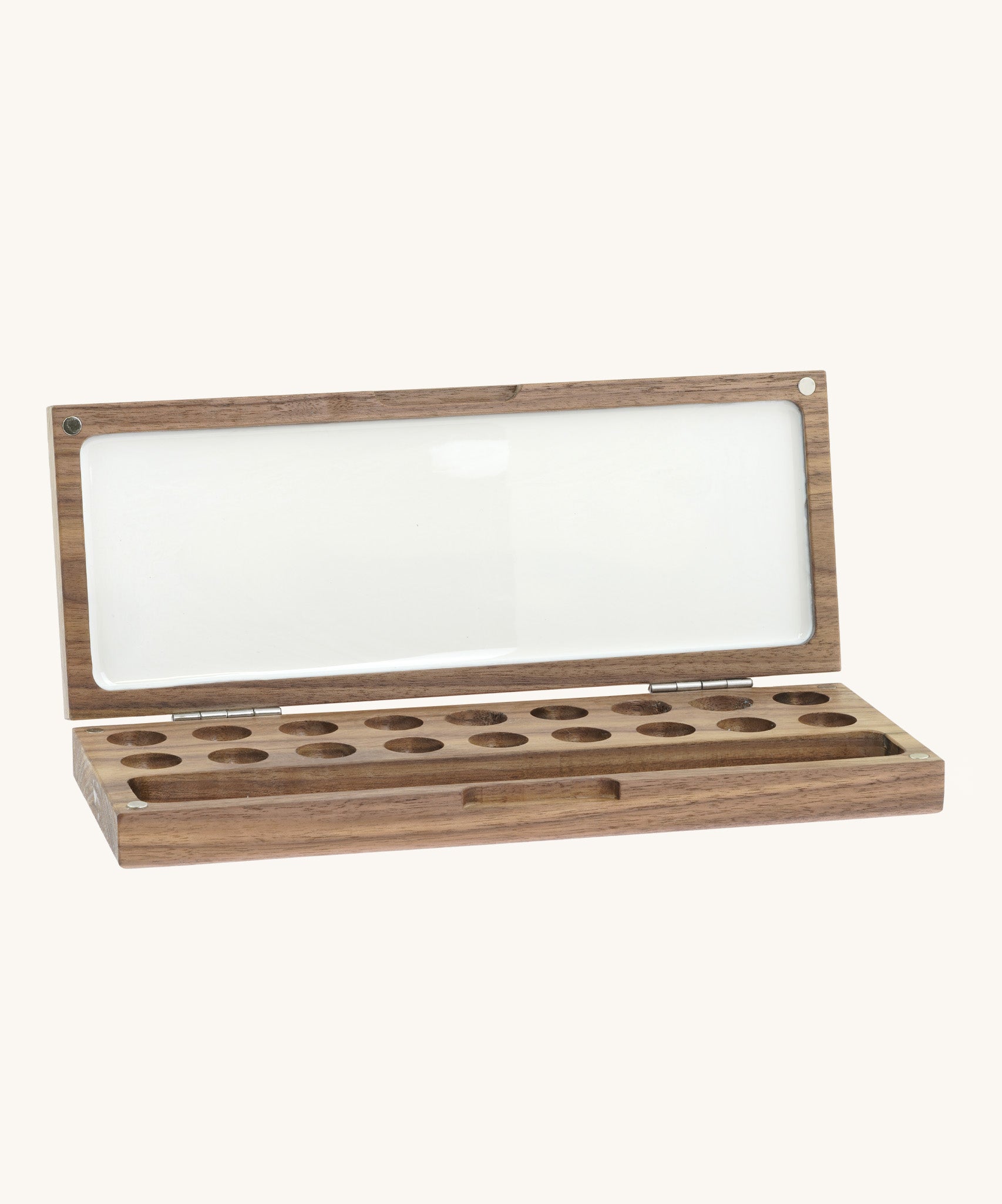 Natural Earth Paint wooden palette with a brush holder made for holding and mixing watercolour paints is a flip style palette and features 18 sections for paint and a section to hold pain brushes with a large blank mixing panel.