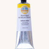 Natural Earth Paint brilliant yellow acrylic paint in a 120ml aluminium tube. Features a black screw cap