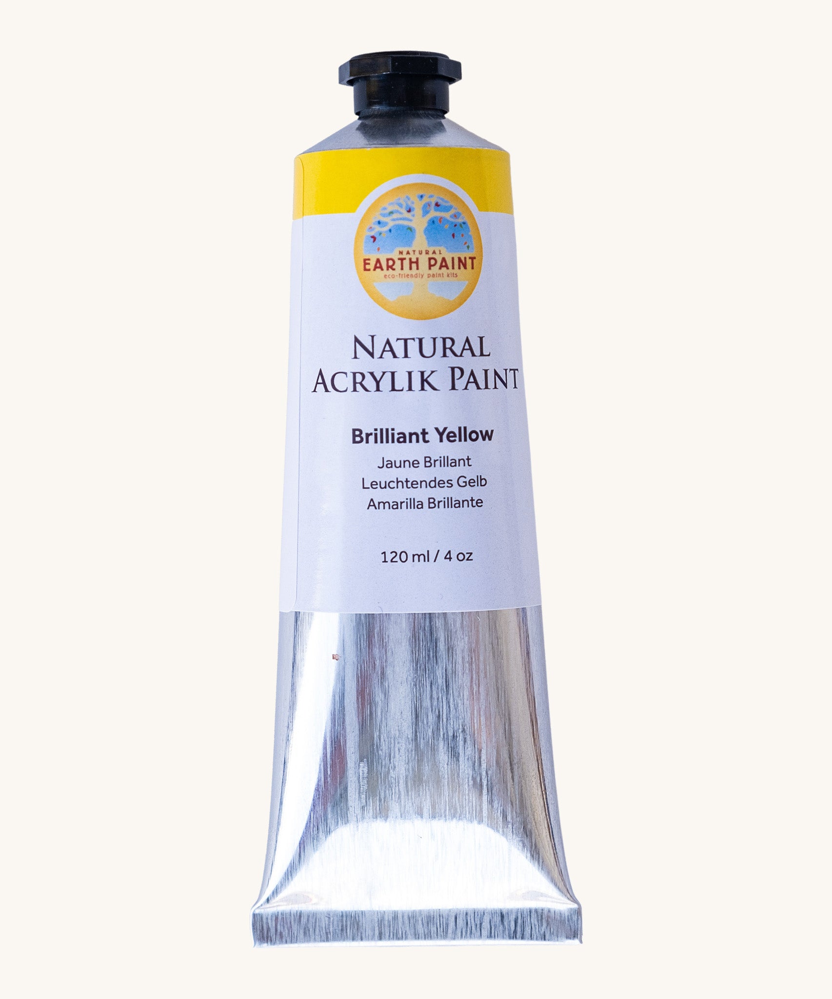 Natural Earth Paint brilliant yellow acrylic paint in a 120ml aluminium tube. Features a black screw cap