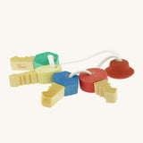Nic Toys wooden grasping keyring set available at Babipur. A set of 4 handmade keys with different shaped fobs attached on white string.