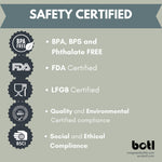 Infographic showing the safety certifications of the One Green Bottle 500ml stainless steel Evolution bottle