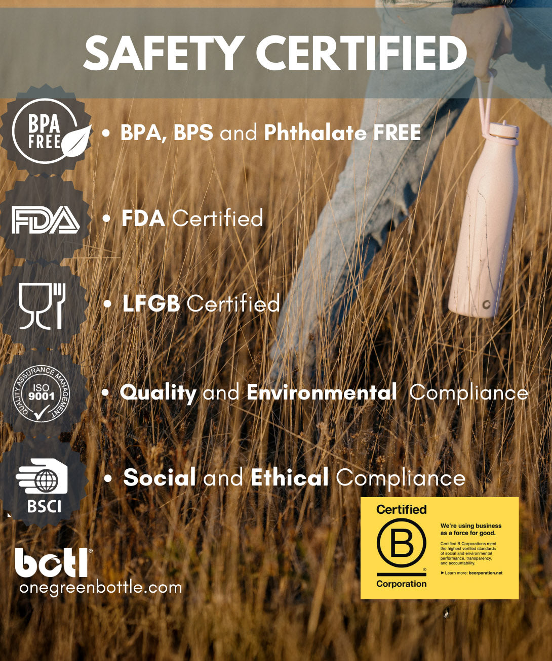 Information on the safety certifications with  One Green Bottle products