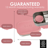 Information on the warranty guarantee and showing the measurements for the One Green Bottle lunchbox