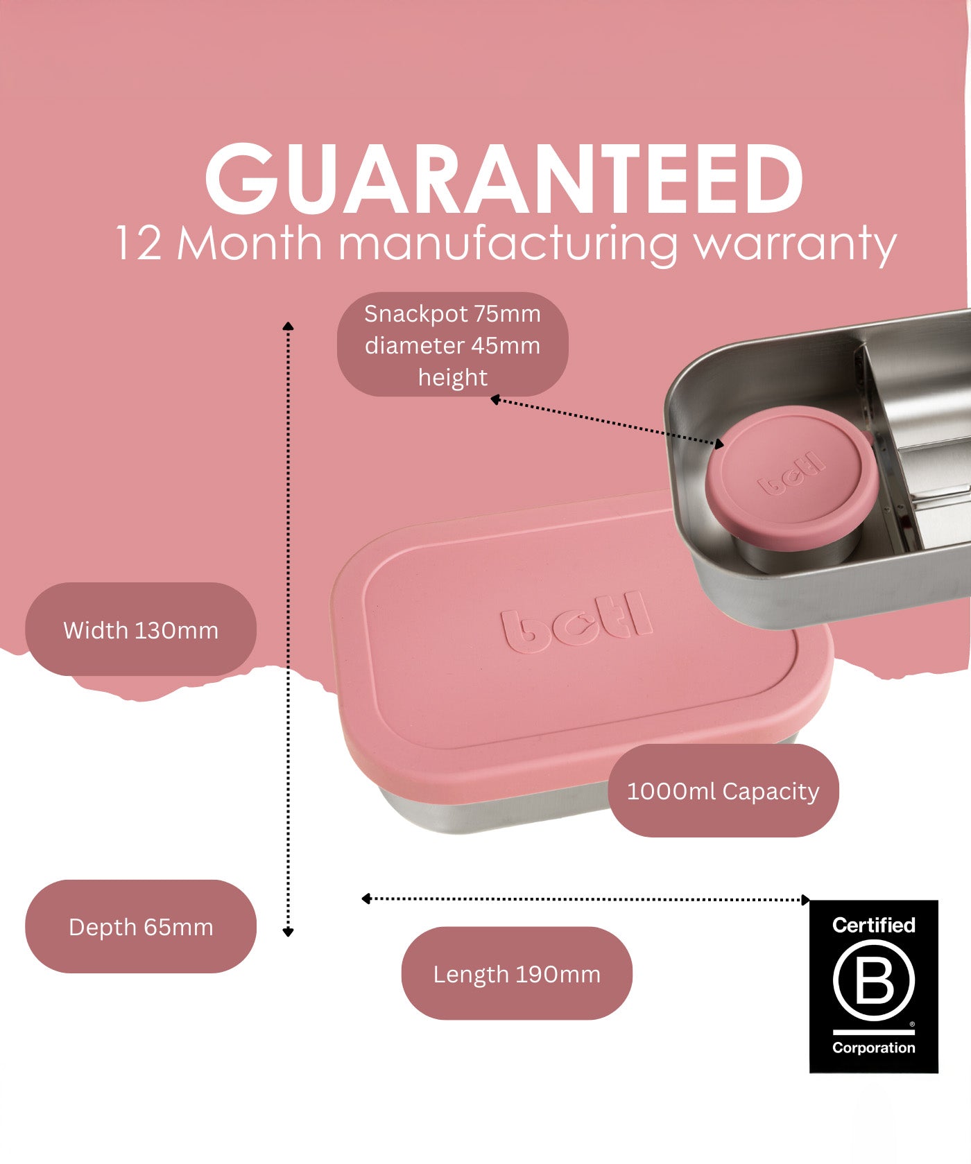 Information on the warranty guarantee and showing the measurements for the One Green Bottle lunchbox