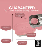 Information on the warranty guarantee and showing the measurements for the One Green Bottle lunchbox