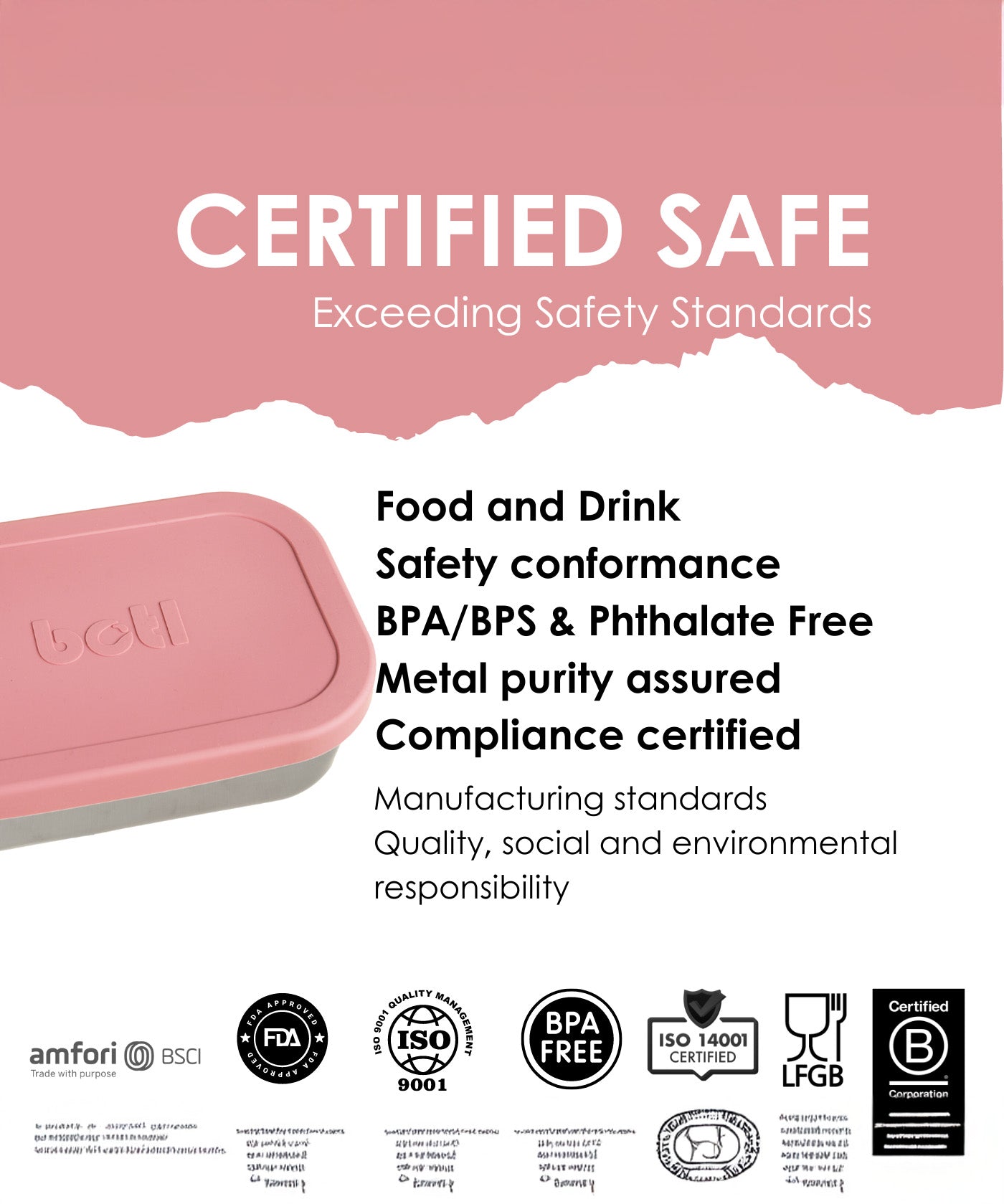 Information showing the different safety certifications for the One Green Bottle