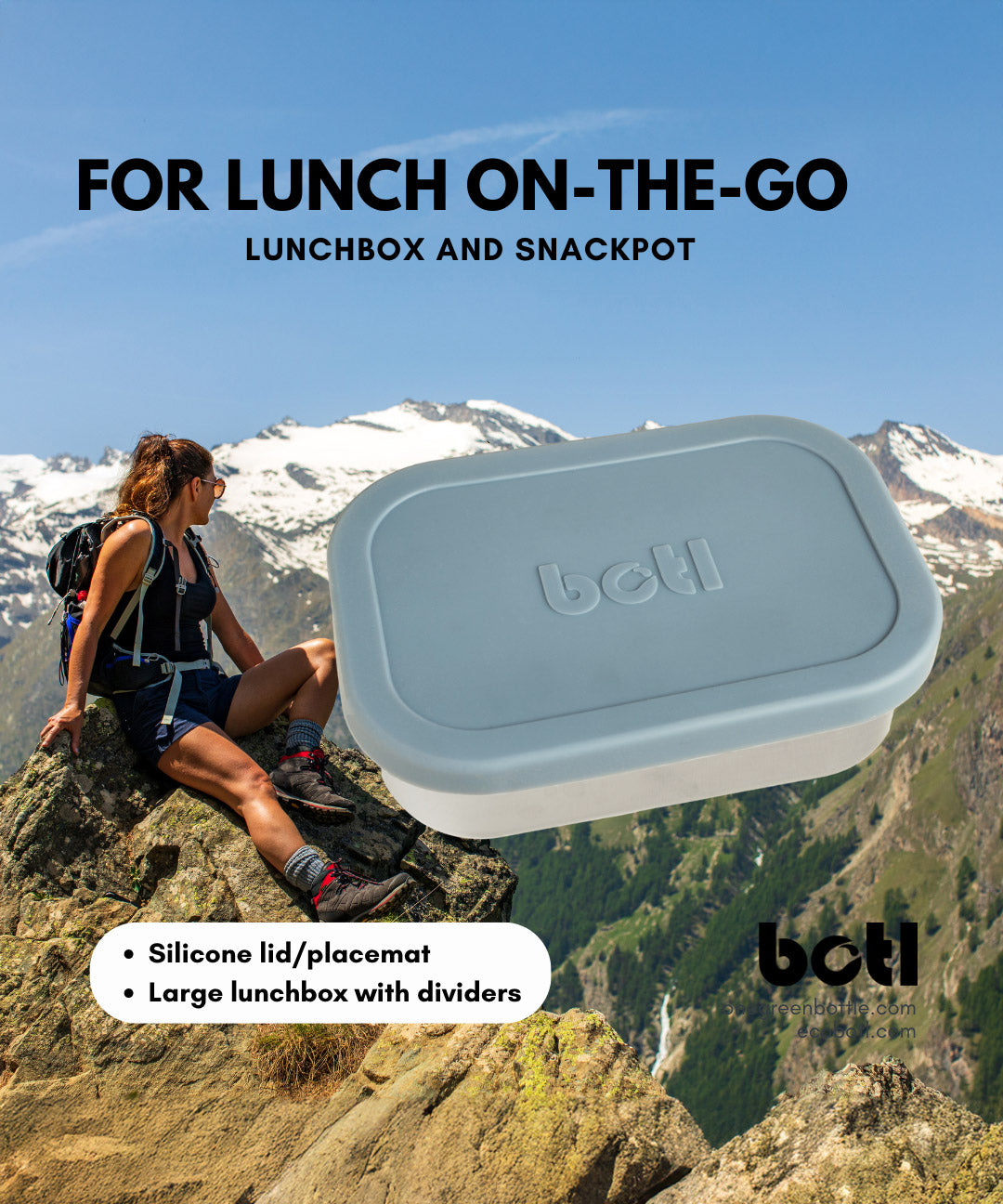 A One Green Bottle lunchbox in soldier colour with a mountain range in the background. A stainless steel plastic free lunchbox available at Bapipur. Features a pale blue silicone lid, perfect for lunch on the go