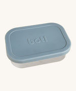 A One Green Bottle lunchbox in soldier colour. A stainless steel plastic free lunchbox available at Bapipur. Features a pale blue silicone lid.