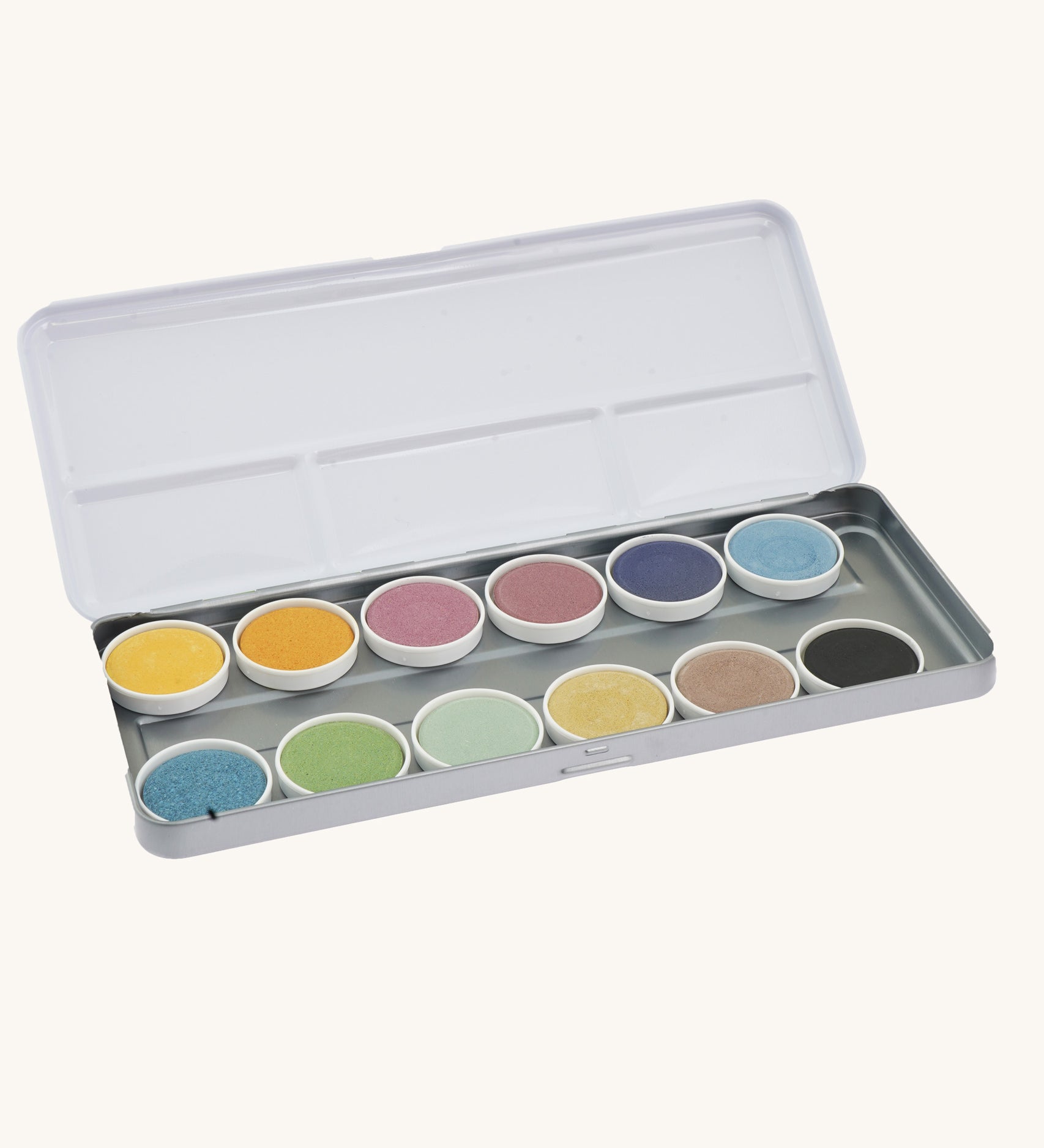 A tin of 12 OkoNorm Watercolour Paints. The tin is shown open with the 12 colour tablets seen inside.