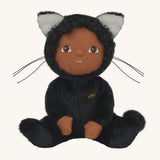 Olli Ella Carson Cat Dinky Dinkum Doll. This soft toy is a black cat with glow in the dark inner ears and a small embroidered rainbow detail on the chest. These soft toys are part of Olli Ella's Halloween collection available here at Babipur.