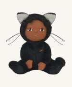 Olli Ella Carson Cat Dinky Dinkum Doll. This soft toy is a black cat with glow in the dark inner ears and a small embroidered rainbow detail on the chest. These soft toys are part of Olli Ella's Halloween collection available here at Babipur.