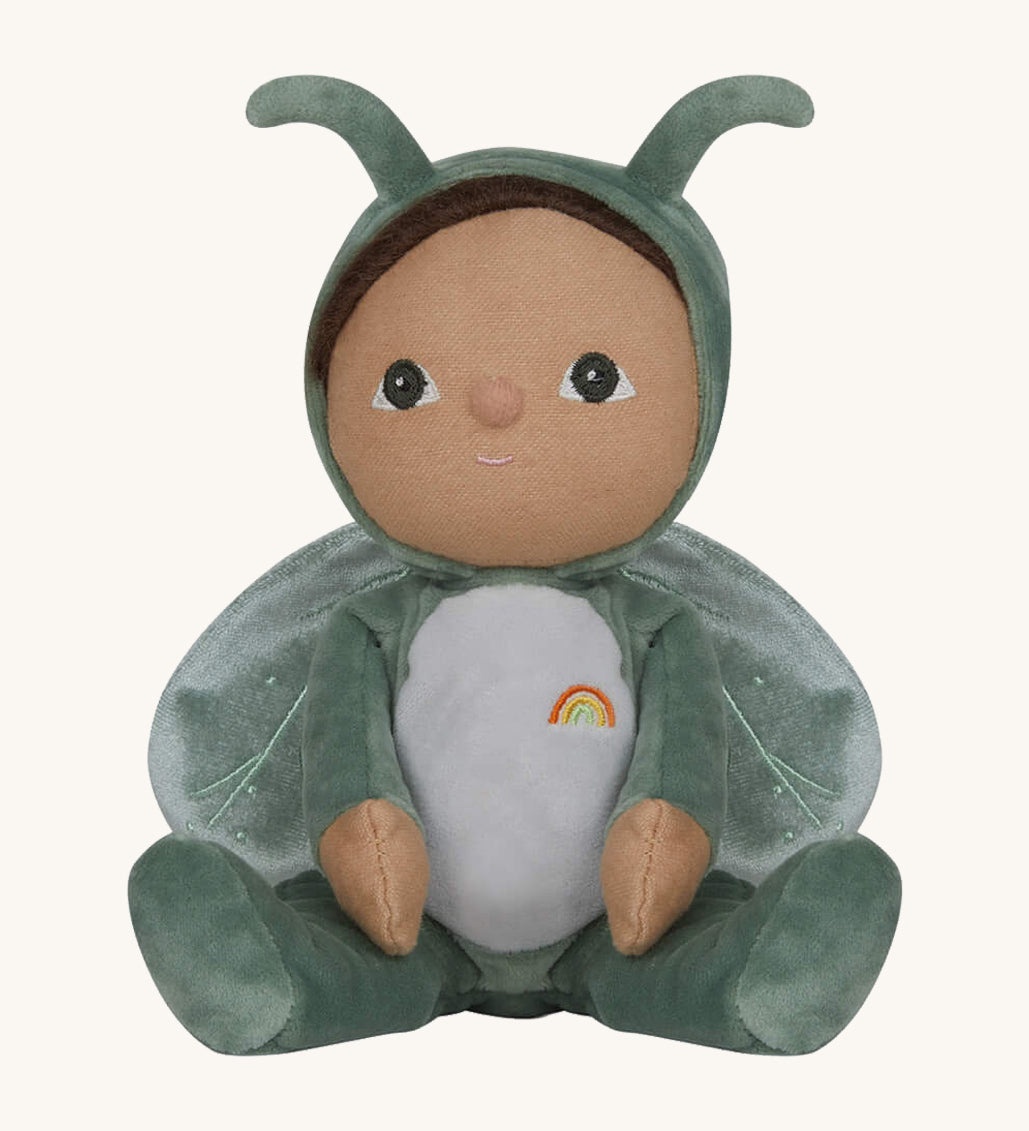 The Olli Ella Dinky Dinkum Doll - Gideon Grasshopper - in a green onesie, with dark brown hair, dark green eyes, grasshopper wings, and antennae.