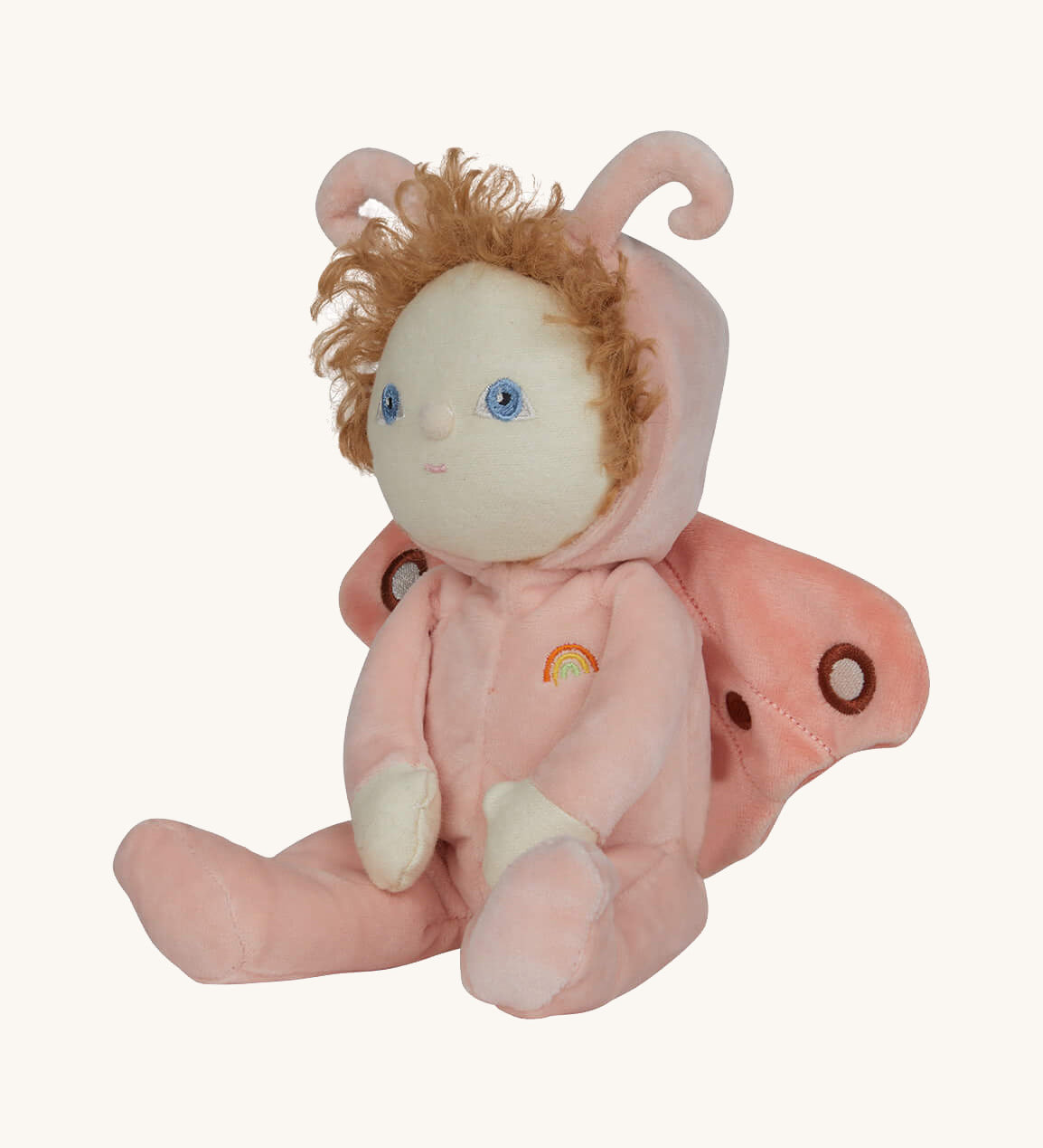 The Olli Ella Dinky Dinkum Doll - Millie Moth - with a peach coloured onesie, moth wings, curly ginger hair, and antennae.