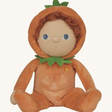 An Olli Ella Jack-O-Lantern pumpkin dinky dinkum doll. The soft doll has a glow in the dark face on it's belly and a small embroidered rainbow detail on it's chest. These soft toys are part of Olli Ella's Halloween collection available here at Babipur.