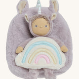 The Olli Ella lilac fluffy backpack with a dinkum dinkum doll sitting