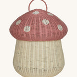 The Olli Ella large woven rattan storage basket, in the shape of a mushroom with a spotty pink toadstool lid.