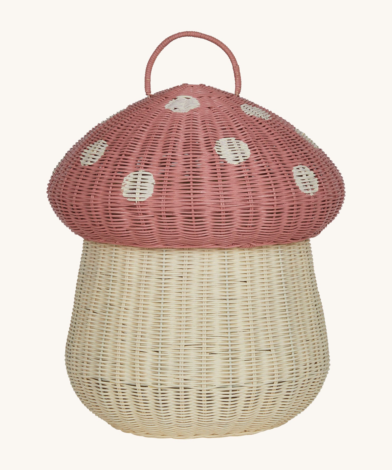 The Olli Ella large woven rattan storage basket, in the shape of a mushroom with a spotty pink toadstool lid.