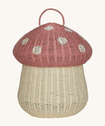 The Olli Ella large woven rattan storage basket, in the shape of a mushroom with a spotty pink toadstool lid.