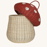 The Olli Ella large woven rattan storage basket, in the shape of a mushroom with a spotty red toadstool lid.